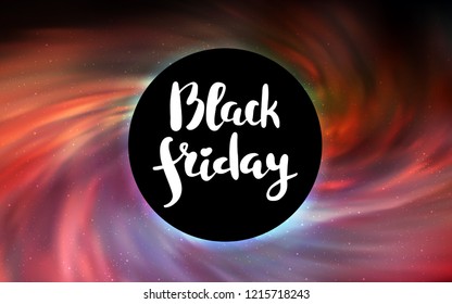 Light Red, Yellow vector cover with a black hole, nebula. Abstract illustration with glitter colorful cosmic stars. Backdrop for Black Friday promotions.