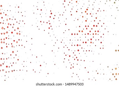 Light Red, Yellow vector cover with symbols of gamble. Colorful gradient with signs of hearts, spades, clubs, diamonds. Pattern for booklets, leaflets of gambling houses.