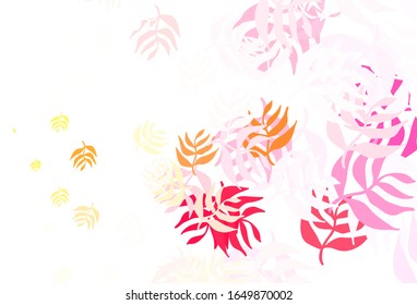 Light Red, Yellow vector doodle pattern with leaves. leaves on blurred abstract background with gradient. Brand new style for your business design.