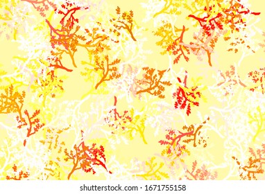 Hellrote, gelbe Vektorillustration elegante Tapete mit Sakura. Farbige Illustration im Doodle-Stil mit Blättern, Ästen. Handgemalt Design für Web, Prospekte.