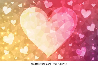 Light Red, Yellow vector greeting Card Happy Valentine's Day. Lettering with hearts on the white polygonal background. Colored triangular illustration for your business.