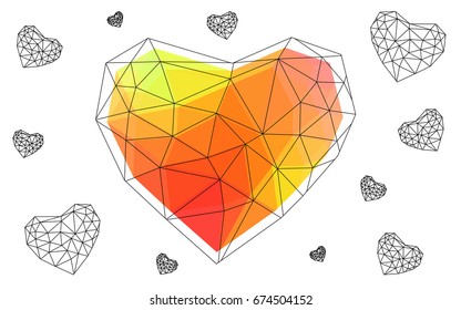 Light Red, Yellow vector greeting Card Happy Valentine's Day. Lettering with hearts on the white polygonal background. Colored triangular illustration for your business.