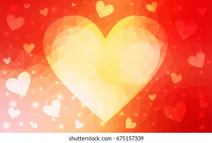 Light Red, Yellow vector greeting Card Happy Valentine's Day. Lettering with hearts on the white polygonal background. Colored triangular illustration for your business.