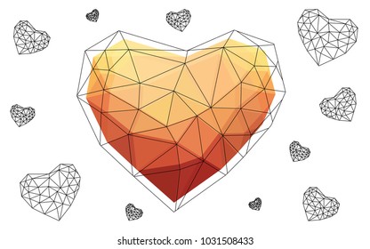 Light Red, Yellow vector heart isolated on white background. Geometric rumpled triangular low poly origami style gradient graphic illustration. Polygonal design for your business.