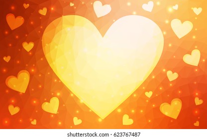 Light Red, Yellow vector heart isolated on white background. Geometric rumpled triangular low poly origami style gradient graphic illustration. Polygonal design for your business.