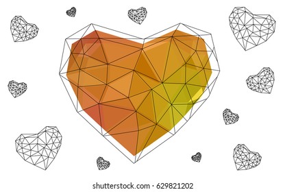Light Red, Yellow vector heart isolated on white background. Geometric rumpled triangular low poly origami style gradient graphic illustration. Polygonal design for your business.