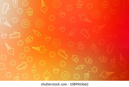 Light Red, Yellow vector layout with sweet desserts. Confections on blurred abstract background with colorful gradient. Pattern for ads of breakfast, lunch, dinner.