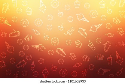 Light Red, Yellow vector layout with sweet desserts. Glitter abstract sketch with sweets, candies, desserts. Pattern for menu of cafes and restaurants.