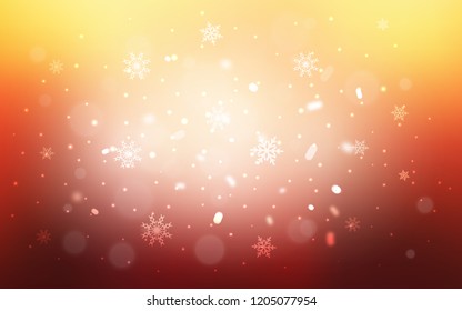 Light Red, Yellow vector layout with bright snowflakes. Blurred decorative design in xmas style with snow. The pattern can be used for year new  websites.