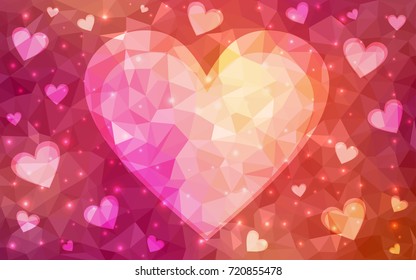 Light Red, Yellow vector love background with heart. Paper note. Valentine's greeting polygonal card. Triangular illustration for your business. Stock template for your design.