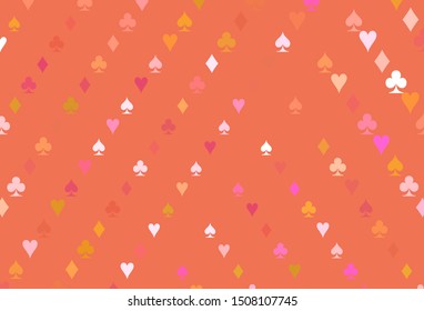 Light Red, Yellow vector pattern with symbol of cards. Illustration with set of hearts, spades, clubs, diamonds. Pattern for ads of parties, events in Vegas.