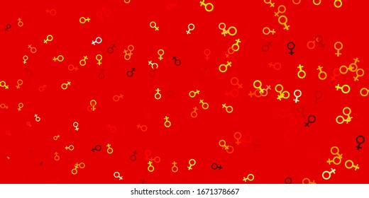 Light Red, Yellow vector pattern with feminism elements. Illustration with signs of women's strength and power. Background for International Women’s Day.