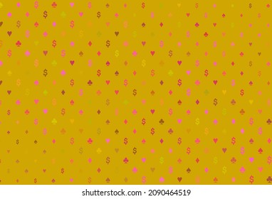 Light red, yellow vector pattern with symbol of cards. Shining illustration with hearts, spades, clubs, diamonds. Pattern for leaflets of poker games, events.