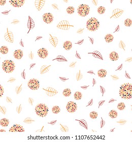 Light Red, Yellow vector seamless natural pattern with leaves and flowers. Brand new colored illustration with leaves and flowers. Elegant pattern for your brand book.
