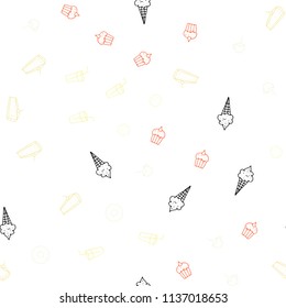 Light Red, Yellow vector seamless texture with delicious snacks. Blurred decorative design of snacks in doodle style. Design for ad, poster, banner of cafes or restaurants.