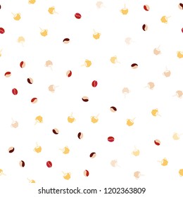Light Red, Yellow vector seamless texture with coffee beans, mugs. Glitter abstract backdrop with gradient mugs, coffee grains. Design for ad, poster, banner of cafes, restaurants.