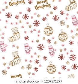Light Red, Yellow vector seamless layout with bright snowflakes, balls, socks, mittens. Colorful decorative design in xmas style. Design for wallpaper, fabric makers.