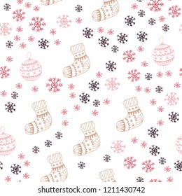 Light Red, Yellow vector seamless pattern with christmas snowflakes, balls, socks, mittens. Glitter abstract illustration with gradient. Pattern for design of fabric, wallpapers.