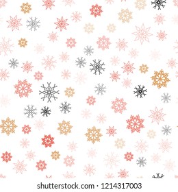 Light Red, Yellow vector seamless pattern with christmas snowflakes. Glitter abstract illustration with crystals of ice. Trendy design for wallpaper, fabric makers.