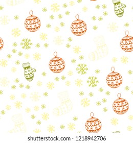 Light Red, Yellow vector seamless layout with bright snowflakes, balls, socks, mittens. Colorful illustration with xmas symbols. Texture for window blinds, curtains.