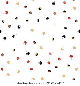 Light Red, Yellow vector seamless cover with set of coffee beans. Decorative gradient design of coffee cups and beans. Template of a black hot beverage in a cafe.