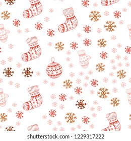 Light Red, Yellow vector seamless background with xmas snowflakes, balls, socks, mittens. Colorful xmas elements with gradient. Texture for window blinds, curtains.