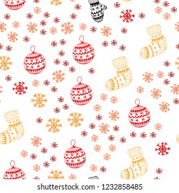 Light Red, Yellow vector seamless template with ice snowflakes, balls, socks, mittens. Colorful decorative design in xmas style. Texture for window blinds, curtains.