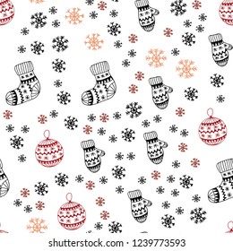 Light Red, Yellow vector seamless template with ice snowflakes, balls, socks, mittens. Colorful xmas elements with gradient. Template for business cards, websites.