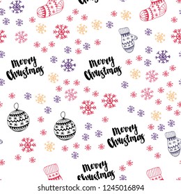 Light Red, Yellow vector seamless texture with colored snowflakes, balls, socks, mittens. Colorful xmas elements with gradient. Template for business cards, websites.