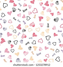 Light Red, Yellow vector seamless background with words of love, hearts. Illustration with phrase LOVE YOU, hearts for valentine's day. Design for wallpaper, fabric makers.