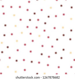 Light Red, Yellow vector seamless texture with colored snowflakes. Glitter abstract illustration with crystals of ice. Template for business cards, websites.