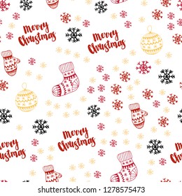 Light Red, Yellow vector seamless texture with colored snowflakes, balls, socks, mittens. Glitter abstract illustration with gradient. Pattern for design of fabric, wallpapers.