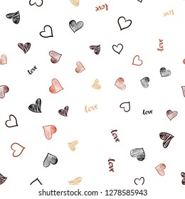 Light Red, Yellow vector seamless template with text LOVE YOU, hearts. Design in doodle style with text LOVE YOU, hearts. Template for business cards, websites.