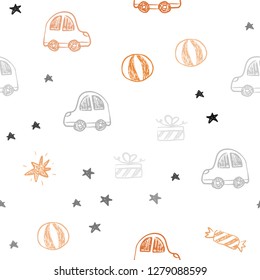 Light Red, Yellow vector seamless background in xmas style. Abstract illustration with a toy car, baloon, candy, star, ball. Template for new year postcards.