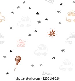 Light Red, Yellow vector seamless template in carnival style. Abstract illustration with a toy car, baloon, candy, star, ball. Pattern for carnival, festival ads.