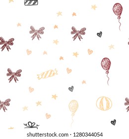 Light Red, Yellow vector seamless backdrop in holiday style. Abstract illustration with aheart, baloon, candy, gift, star, ribbon. Pattern for birthday gifts.