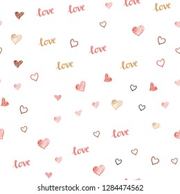 Light Red, Yellow vector seamless background with words of love, hearts. Illustration with phrase LOVE YOU, hearts for valentine's day. Texture for window blinds, curtains.