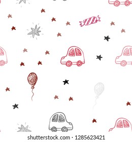 Light Red, Yellow vector seamless layout in new year style. Illustration with a colorful toy car, baloon, candy, star, ball. Pattern for carnival, festival ads.