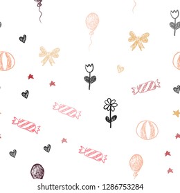 Light Red, Yellow vector seamless texture in birthday style. Colorful illustration with aheart, baloon, candy, gift, star, ribbon. Pattern for new year ads.
