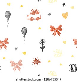Light Red, Yellow vector seamless layout with new year gifts. Illustration with a colorful toy car, heart, baloon, tulip, candy, ball. Design for holiday adverts.