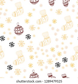 Light Red, Yellow vector seamless pattern with christmas snowflakes, balls, socks, mittens. Shining colorful illustration in christmas style. Template for business cards, websites.