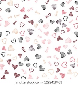 Light Red, Yellow vector seamless pattern with phrase LOVE YOU, hearts. Design in doodle style with text LOVE YOU, hearts. Design for wallpaper, fabric makers.