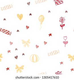 Light Red, Yellow vector seamless template in carnival style. Design in xmas style with aheart, baloon, candy, gift, star, ribbon. Design for holiday adverts.