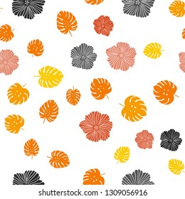 Light Red, Yellow vector seamless elegant pattern with flowers, leaves. Abstract illustration with leaves, flowers in doodles style. Template for business cards, websites.