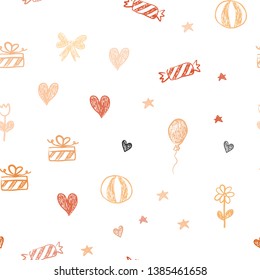 Light Red, Yellow vector seamless background in xmas style. Abstract illustration with aheart, baloon, candy, gift, star, ribbon. Pattern for carnival, festival ads.