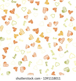 Light Red, Yellow vector seamless backdrop with phrase LOVE YOU, hearts. Design in doodle style with text LOVE YOU, hearts. Pattern for trendy fabric, wallpapers.