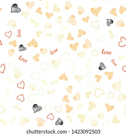 Light Red, Yellow vector seamless pattern with phrase LOVE YOU, hearts. Design in doodle style with text LOVE YOU, hearts. Design for wallpaper, fabric makers.