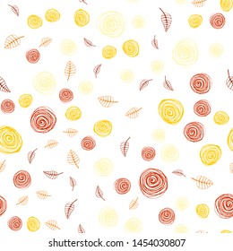 Light Red, Yellow vector seamless doodle pattern with leaves and flowers. Decorative design in Indian style on white background. Design for textile, fabric, wallpapers.