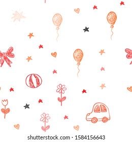 Light Red, Yellow vector seamless template with carnival elements. Illustration with a gradient toy car, heart, baloon, tulip, candy, ball. Pattern for new year ads.