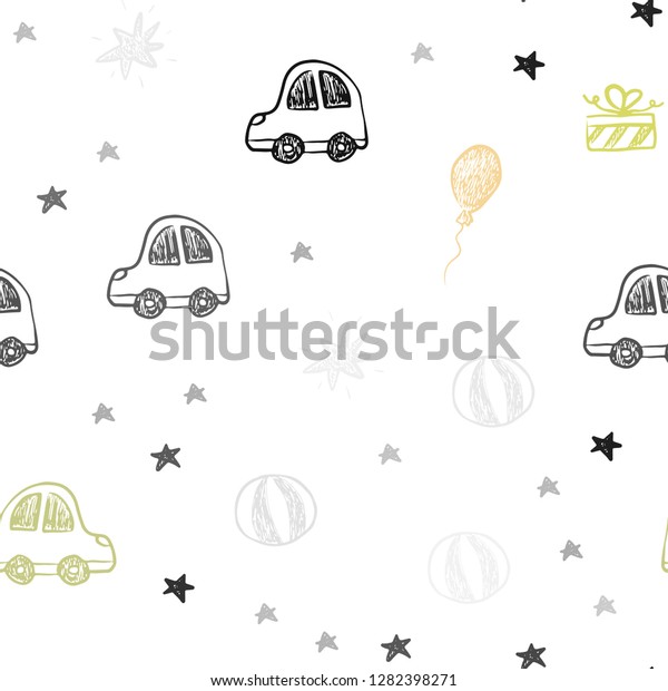 Light Red, Yellow vector seamless\
texture in birthday style. Colorful illustration with a toy car,\
baloon, candy, star, ball. Design for colorful\
commercials.